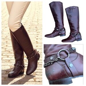 Brown Leather Tall Riding Boots Equestrian Style Size 7.5 Buckle Chain Old Money
